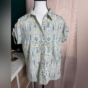 Vintage Falls Creek 100% Cotton Blue Cream Boho Patterned SS Button Collar Shirt